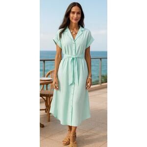 NWT Chicos Size 3 or XL Hammered Rayon Midi Shirt Dress Teal Waters